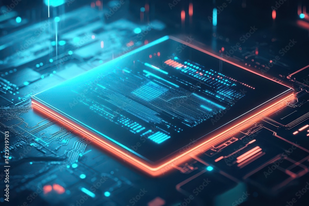 Poster intricate computer chip embedded in circuitry illuminated by vibrant blue and red lights creating a 