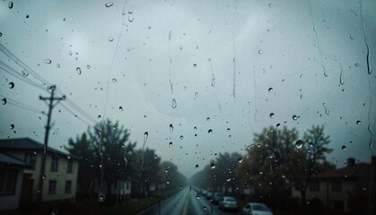 Rain-soaked window with blurred street view