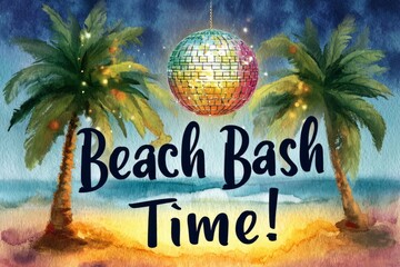 Colorful Disco Ball Above Tropical Beach with Palm Trees for Summer Party Vibes