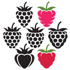 Raspberry fruit icon collection - black vector outline and silhouette