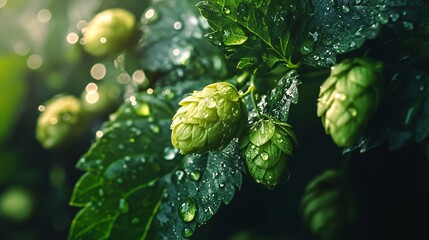 Lush green hop cones on the vine sparkle with water droplets in the sunlight