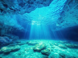 Obraz premium Breathtaking Blue Cave Illuminated by Sunlight Filtering Through Crystal Clear Water Creating a Tranquil and Enchanting Underwater Atmosphere
