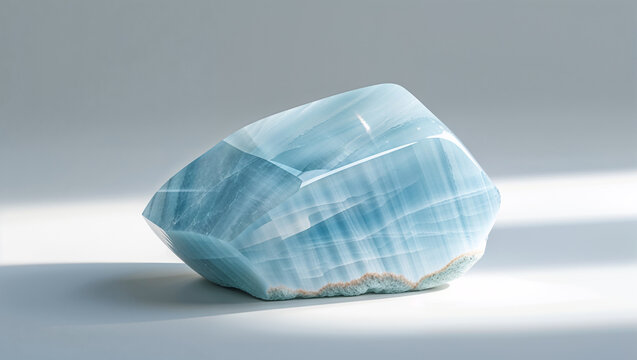 Polished blue calcite crystal stone specimen mineral specimen on neutral background