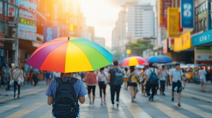 Obraz premium A solitary figure strolls down a rain-soaked street holding a vibrant umbrella creating a lively yet contemplative urban scene in soft light