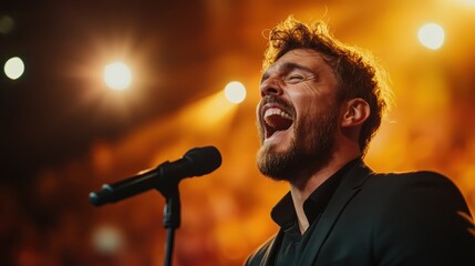 A charismatic male singer captivates the audience with his powerful voice, dressed in a sleek black suit against a vibrant colorful backdrop filled with lights.