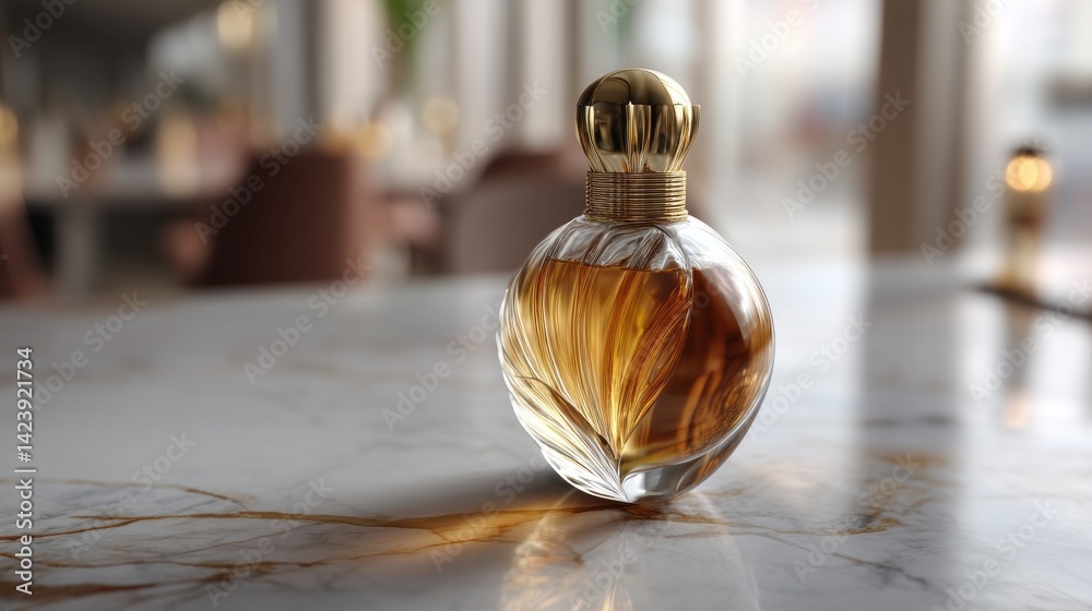 Poster Soft golden light filters through large windows, illuminating the intricately designed perfume bottle atop a stunning marble table. The ambiance is relaxed and luxurious.