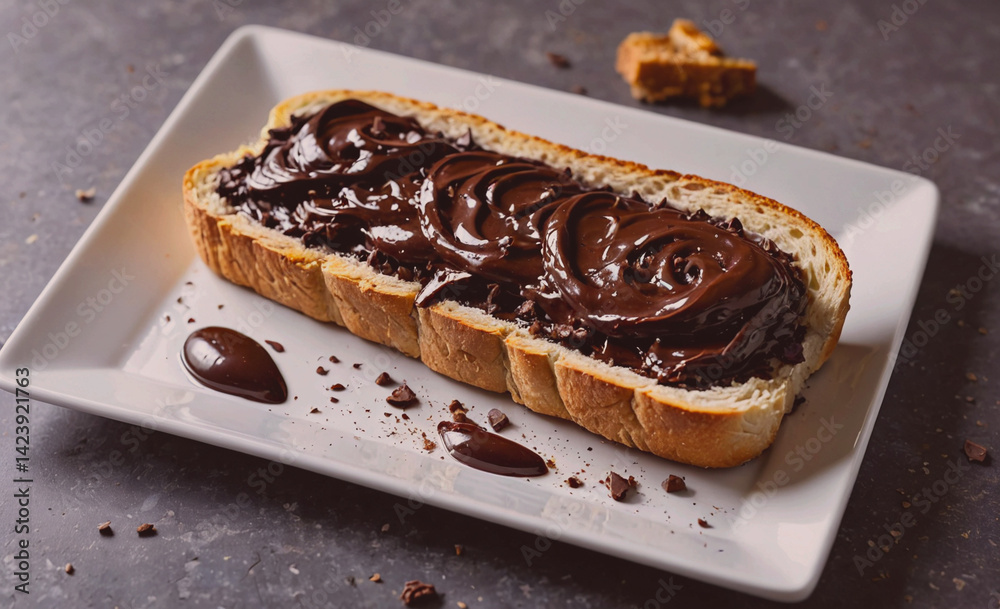 Poster chocolate covered bread is on a white plate. the plate is on a table. the bread is covered in chocol