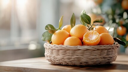 A beautiful arrangement of fresh oranges in a woven basket, radiating a warm and inviting appeal, perfect for a touch of nature in any setting or home decor.