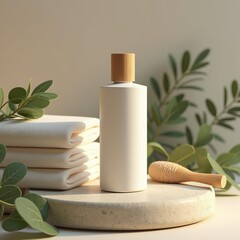 cosmetic tube standing upright in warm sand with seashells and palm shadows around sunlight from above strong contrast clear sky vibe summer beach concept no text no brand
