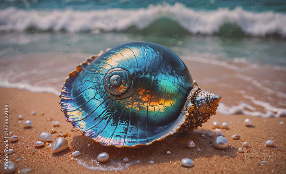 Aufkleber Blue shell is on the beach with a lot of white pebbles. The shell is shiny and has a spiral shape