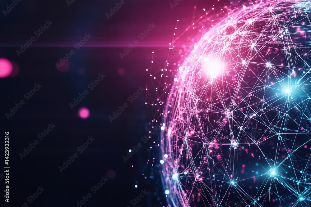 Poster intricate sphere composed of interconnected lines and dots creating a complex network representation