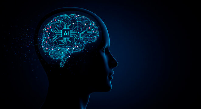 Artificial Intelligence Concept: Brain powered by digital circuitry within human head silhouette.
