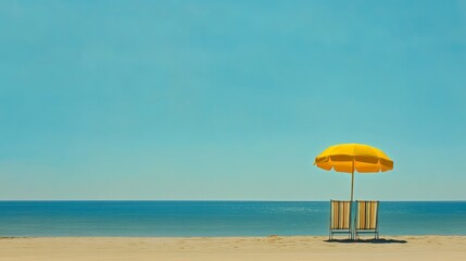 Minimalist beach scene with vibrant colors: yellow umbrella and striped chair against blue sky and sea