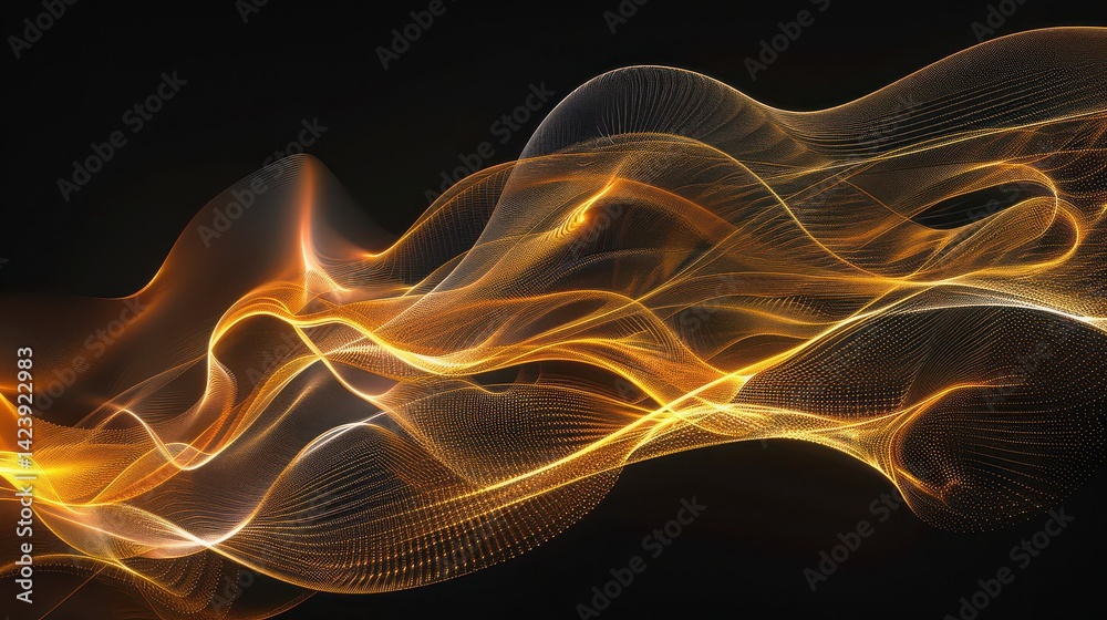Wall mural abstract golden flowing lines with a wave pattern against a dark background design element