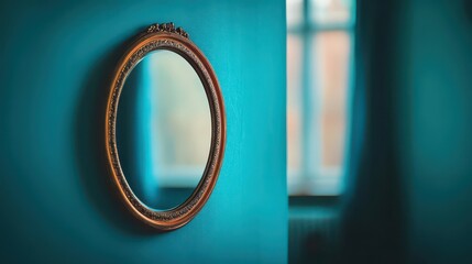 Obraz premium Elegant Wall Mirror Reflecting Soft Ambient Light in a Cozy Living Room Creating a Warm Inviting Atmosphere Perfect for Home Interior Decor