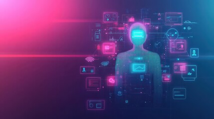 Fototapeta premium Man in Formal Suit Engaging with Advanced Futuristic Technology Interface Displayed on His Head in a Modern and Innovative Business Environment