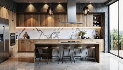 Modern Minimalist Kitchen with Industrial Accents in Wood and Marble Tones representing Contemporary Sophistication