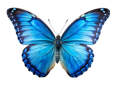 Blue Morpho Butterfly: A vibrant blue morpho butterfly with intricate patterns and vivid blue wings. Its wings are spread wide, showcasing the stunning iridescence of the colors.  