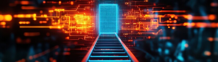 Futuristic Cityscape Bathed in Neon Lights Featuring a Long Narrow Road with Skyscrapers and Vibrant Colors Creating a Lively Urban Atmosphere at Night