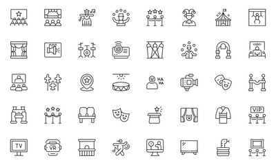 Show line icons set. Entertainment, leisure, performance. Concert, cinema, circus. Outline icon set