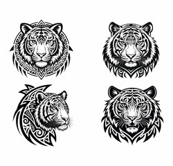 Black and White Tiger Heads Collection in Tribal Tattoo Style