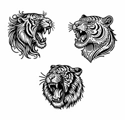 Roaring Tiger Head Vector Set in Black and White Ornamental Line Art