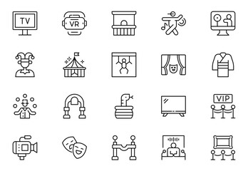 Show line icons set. Entertainment, leisure, performance. Concert, cinema, circus. Outline icon set