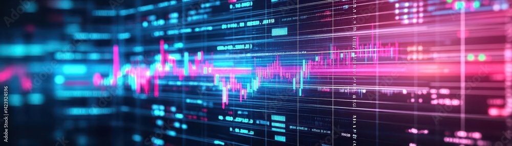 Poster vibrant computer screen displaying colorful stock market trends and data visualizations in a modern 