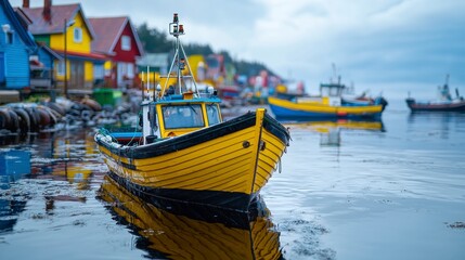 Obraz premium Yellow Fishing Boat Docked Near Colorful Houses on an Overcast Day