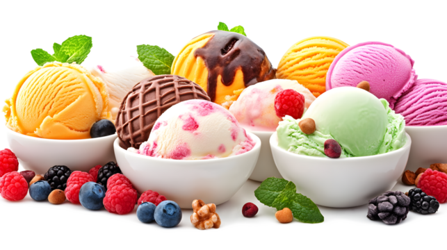 A white background with a variety of ice cream flavors and fruits