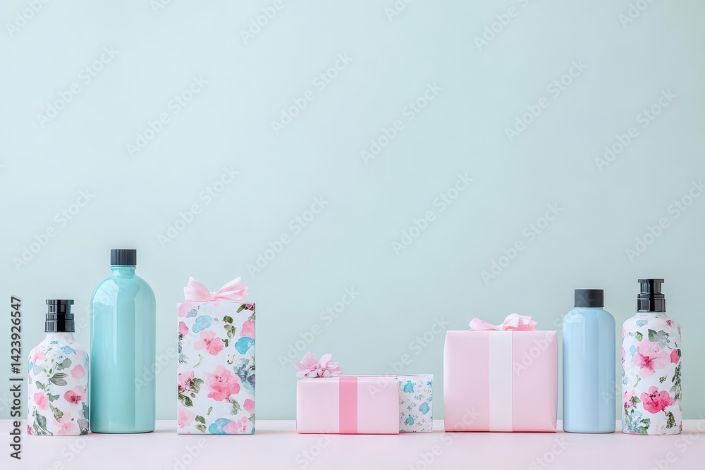 Poster vibrant array of colorful bottles adorned with fresh flowers creating a lively and cheerful atmosphe