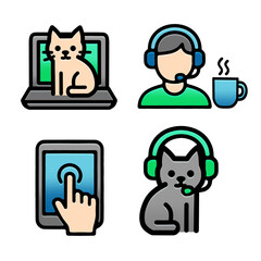 A set of cozy and cute vector icons about working from home with a pet cat. Includes a cat lying on a laptop, a cat in headphones, and a relaxed home office atmosphere. Soft green, grey, and blue 