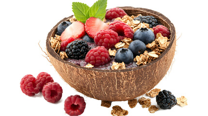 A bowl of fruit with berries, raspberries, and blueberries