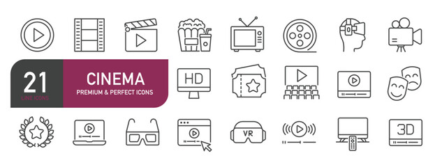 Set of line icons related to cinema, video, theater, movie. Outline icons collection. Editable stroke. Vector illustration