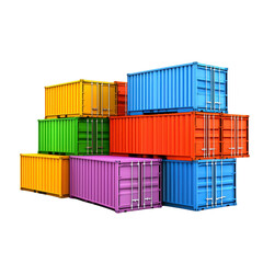 Fototapeta premium stack of colorful shipping containers including red blue yellow green orange and purple is arranged in dynamic composition. vibrant colors create lively and energetic visual