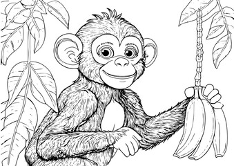 Fototapeta premium Coloring page of a monkey in a banana tree