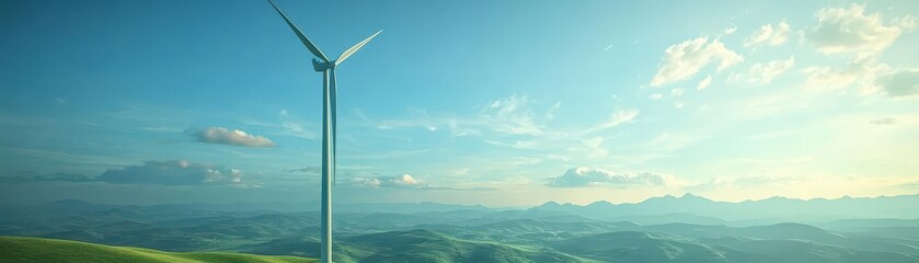 Fototapeta premium Majestic Wind Turbine Standing Tall on Lush Green Hill Under Clear Blue Sky Representing Sustainable Energy and Nature's Harmony in Scenic Landscape