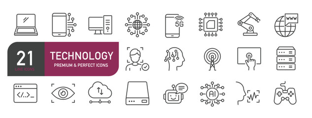 Set of line icons related to technology, device, network, IT. Outline icons collection. Editable stroke. Vector illustration