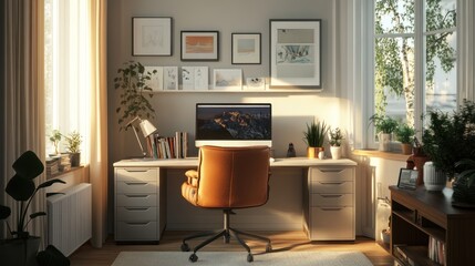 Fototapeta premium Sunlit Home Office Workspace: Serene and Productive