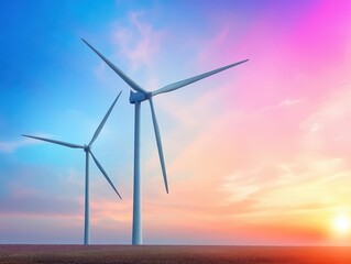 Obraz premium Breathtaking Sunset Illuminating Wind Turbines in Expansive Green Field Creating a Harmonious Blend of Nature and Renewable Energy in Tranquil Scenery