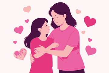 A heartwarming illustration of a mother and daughter, depicted in a tender moment.