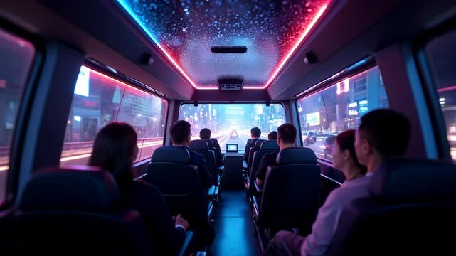 Passengers seated inside a futuristic autonomous shuttle driving through neon-lit smart city at night. Concept of public transport innovation, future mobility, and urban AI commuting.