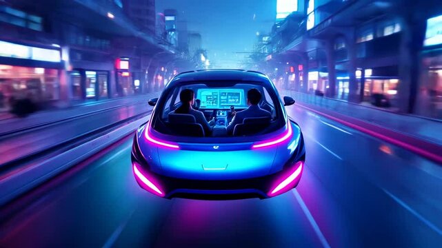 Futuristic self-driving electric car speeding through neon-lit cyberpunk cityscape at night. Concept of future mobility, AI technology, and smart urban transport.