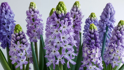 Obraz premium Group Of Hyacinth Flowers In Full Bloom With Purple Striped Petals