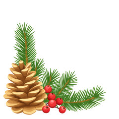 pine cone and evergreen branches with red berries create festive, natural arrangement. composition evokes sense of holiday cheer and winter beauty