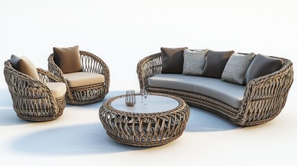 Fototapeta premium Elegant Rattan Outdoor Furniture Set: Luxury Curved Sofa, Armchairs, and Coffee Table