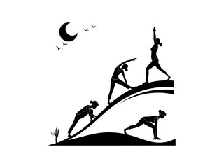 Yoga poses under a lush tree, promoting wellness and mindfulness. A serene, black and white graphic design showcasing three people in various yoga poses against a backdrop of a crescent moon and stars