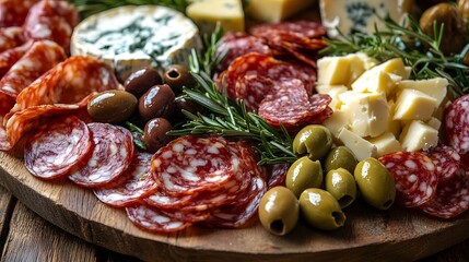 Wooden platter with meats and cheeses.