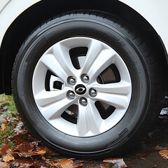 Fototapeta premium The close up picture features an automobile wheel and tire detail