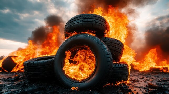 Stacks of burning tires create a dramatic scene engulfed in flames, symbolizing destruction and chaos amid dark smoke against an overcast sky.